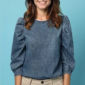 a.n.a Blue Ruched Blouse with 3/4 Puff Sleeves Small